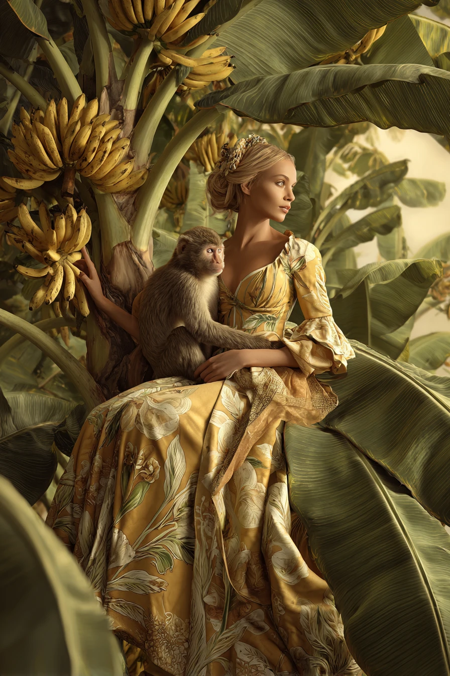 Elegant woman with monkey in sunlit banana tree garden