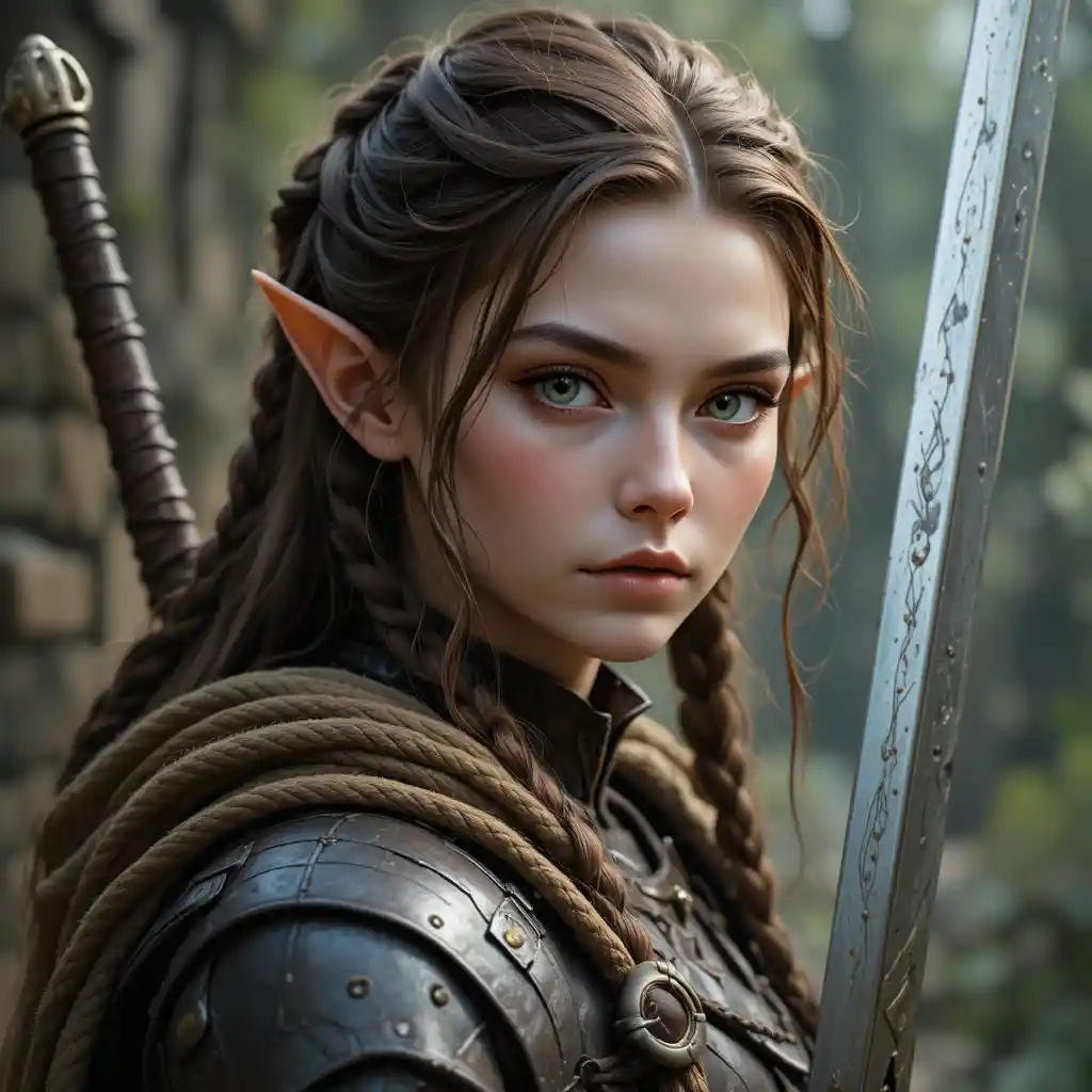 Elf warrior woman with braids and dual bladed sword