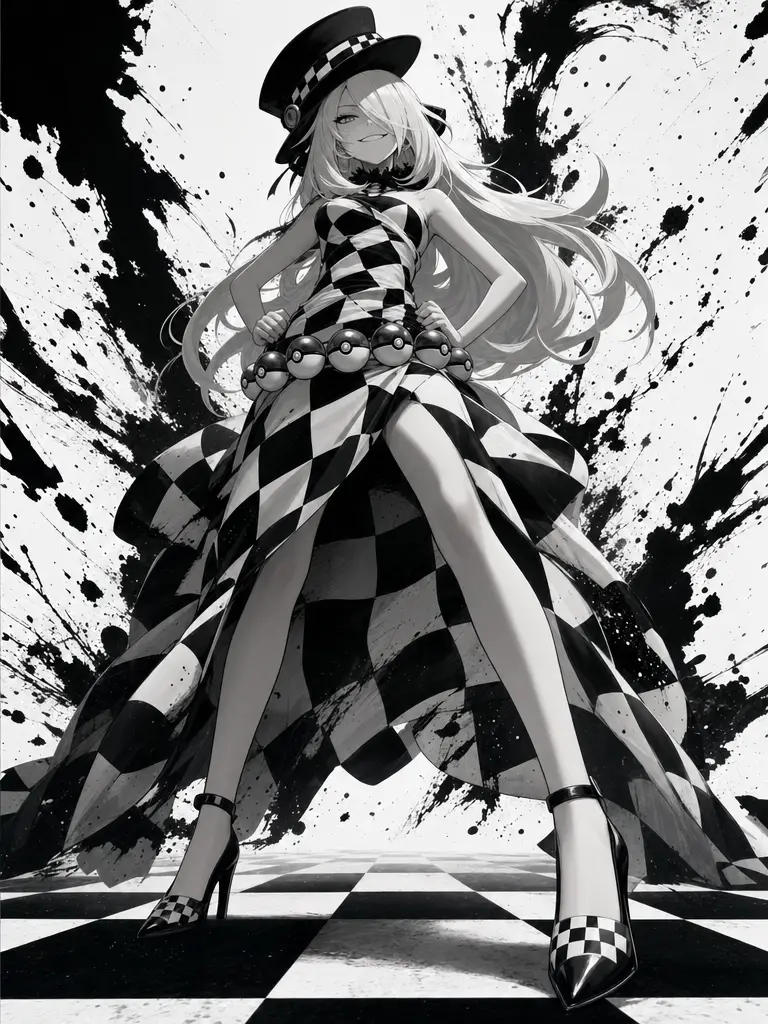 Sinister anime woman on giant monochrome chessboard floor