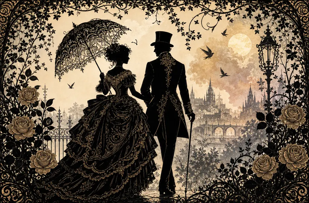 Victorian couple walking in a floral garden silhouette