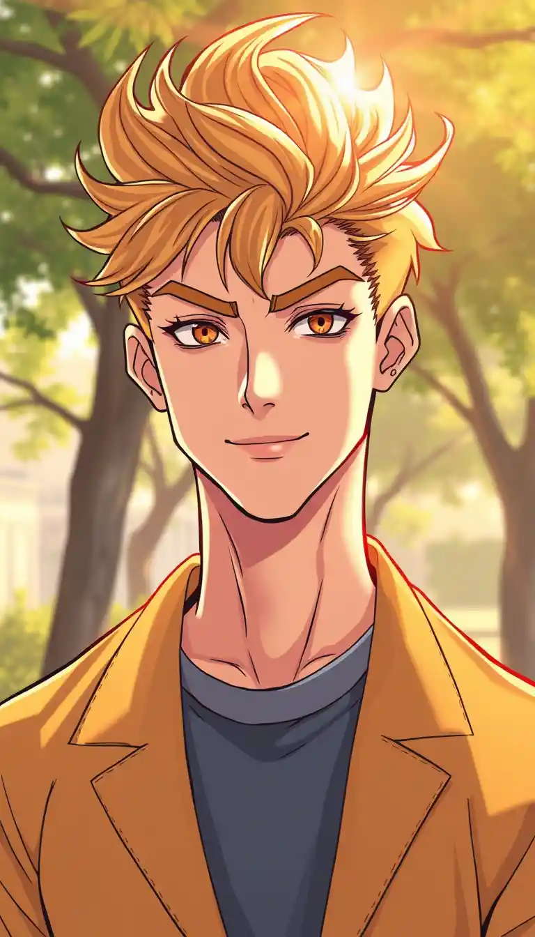 Tall golden haired man in anime style under morning sun