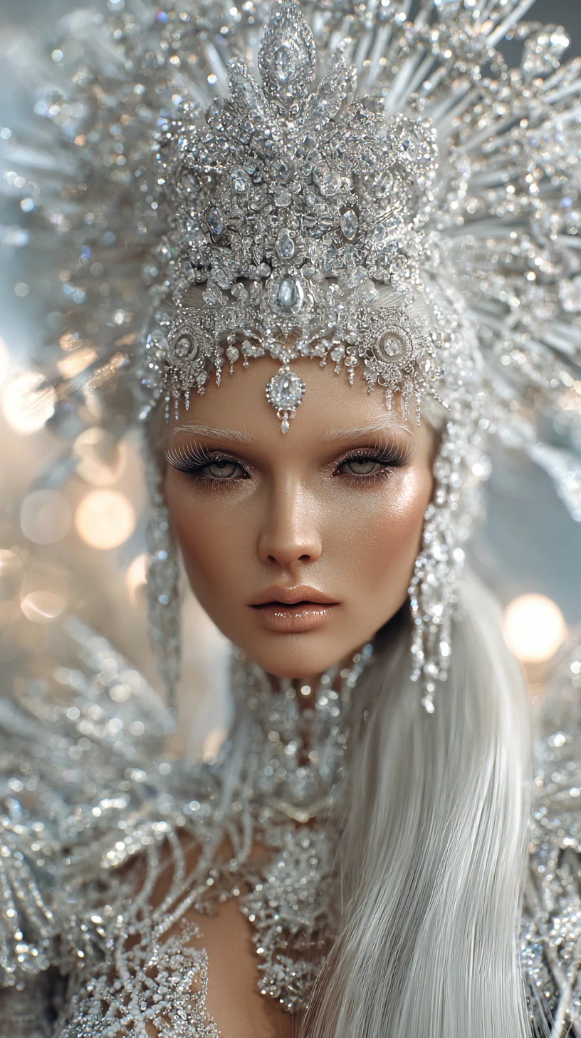 Ethereal ice queen portrait in a jeweled silver gown
