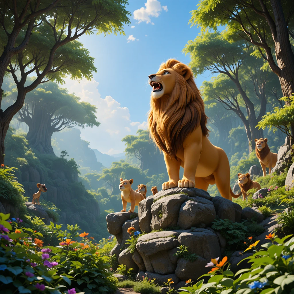 Majestic golden lion roaring on a rocky forest ledge