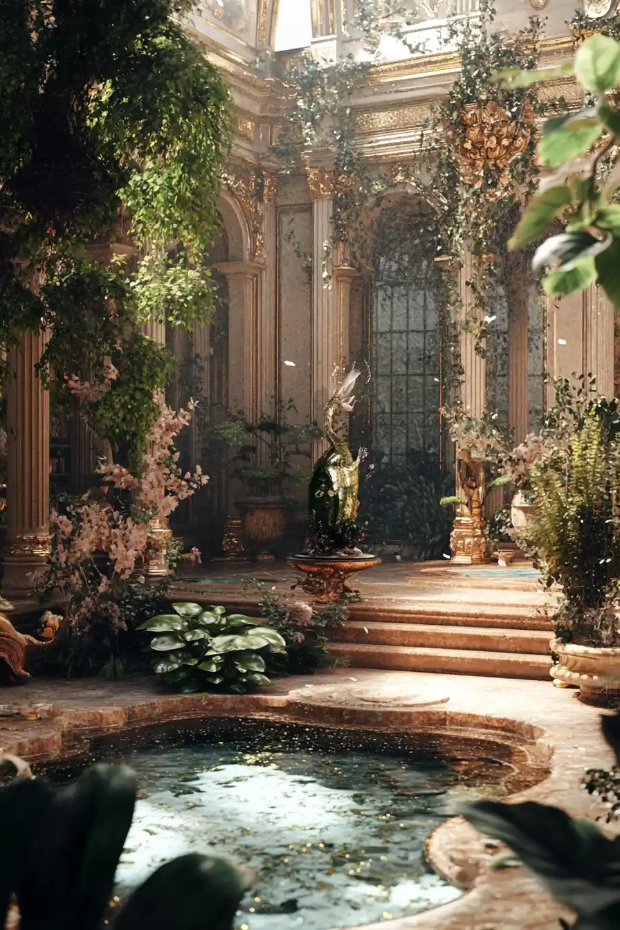 Fantasy orangery inspired by Versailles palace with baroque whimsy