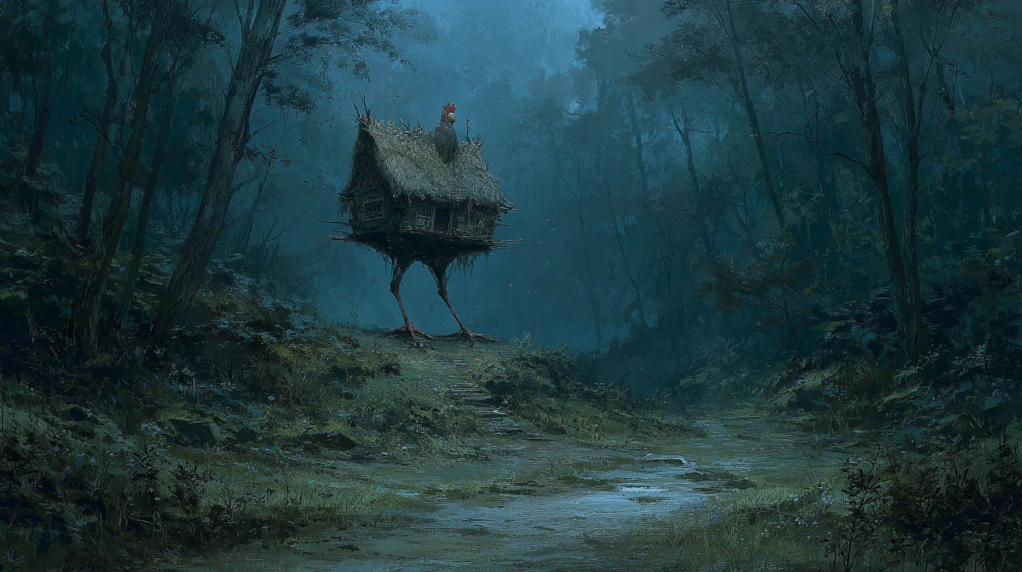 Witch hut on chicken legs in a dark slavic forest