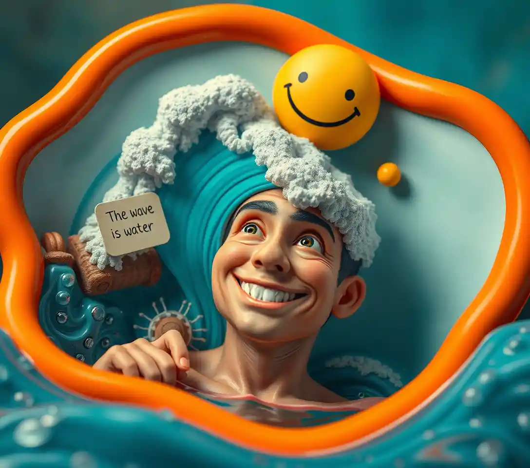 Surreal woman smiling in a playful wave of water scene