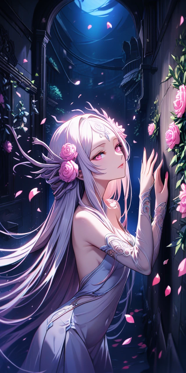 Fantasy dryad woman leaning in a moonlit urban alley