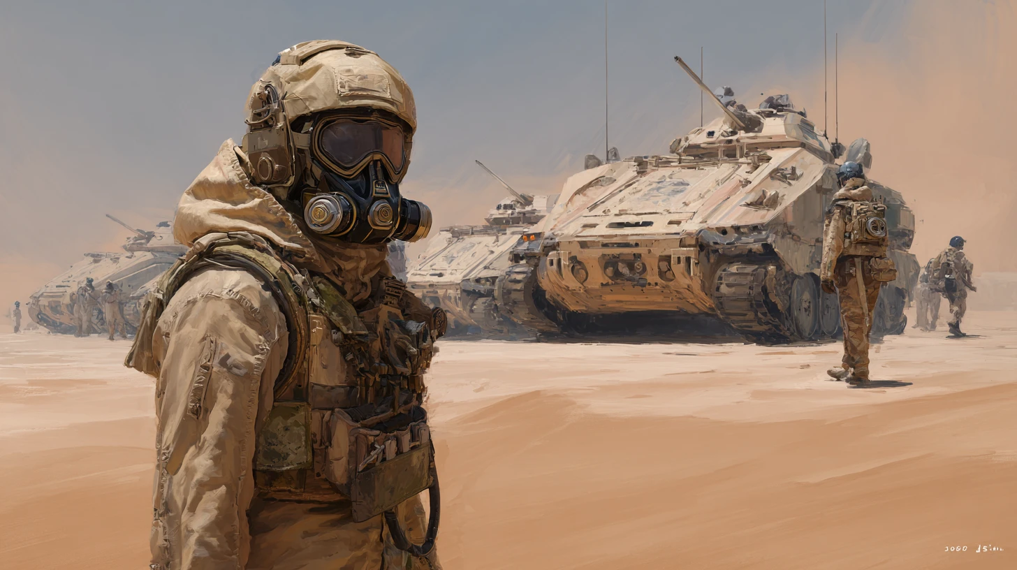 Armored soldier in a harsh desert with futuristic tank