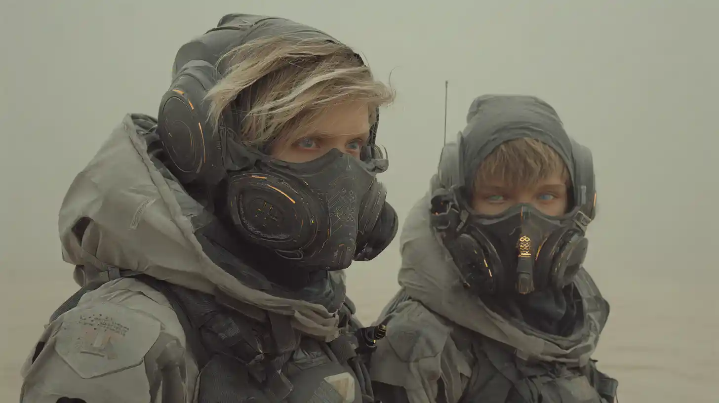 Desert clad sci fi woman walking through ruined wasteland