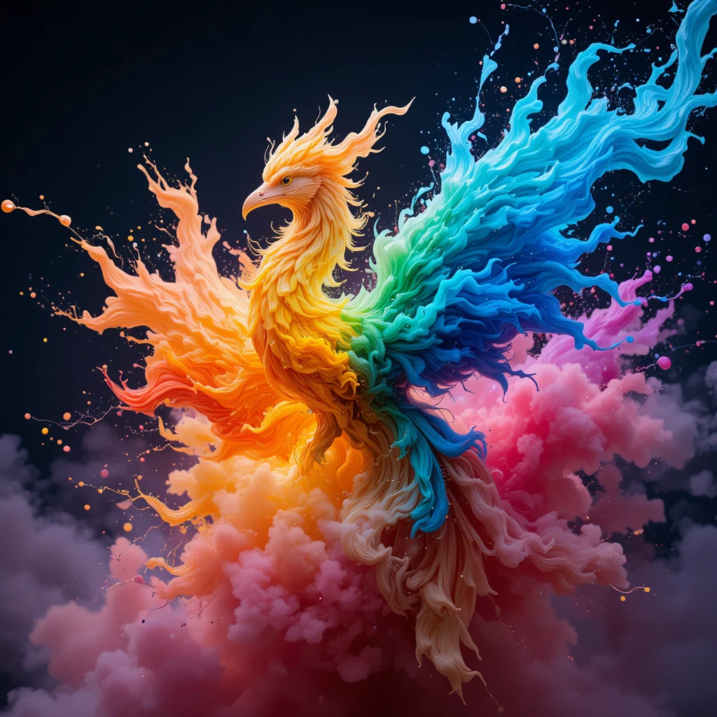 Colorful silk fabrics exploding into an abstract phoenix form