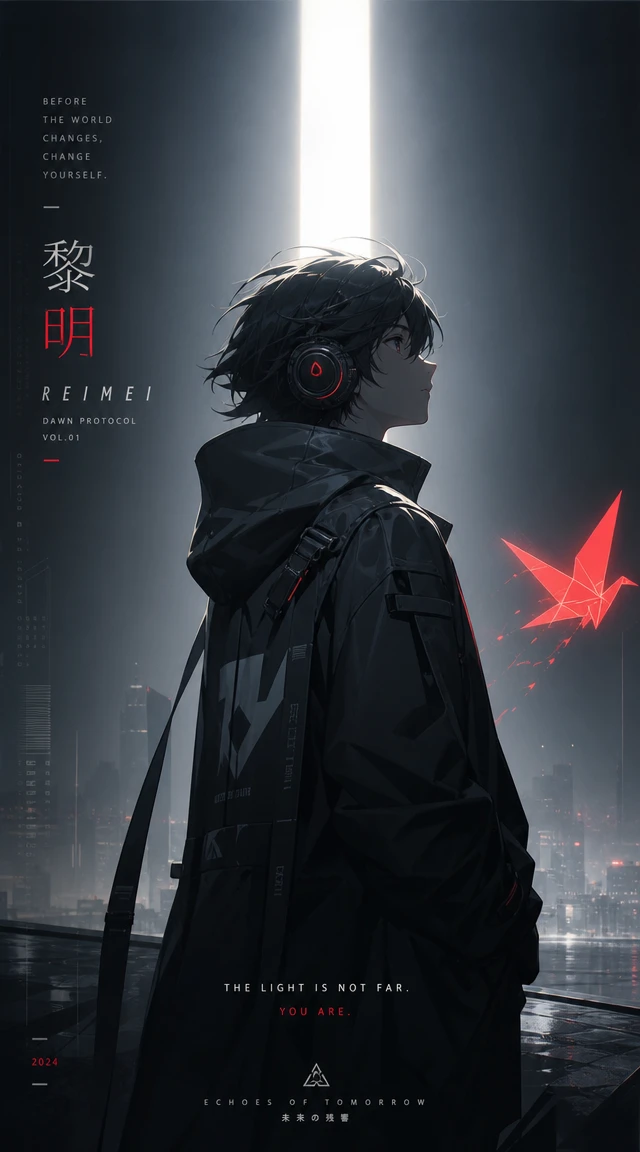 Héroe de anime en un saliente alto de una ciudad futurista