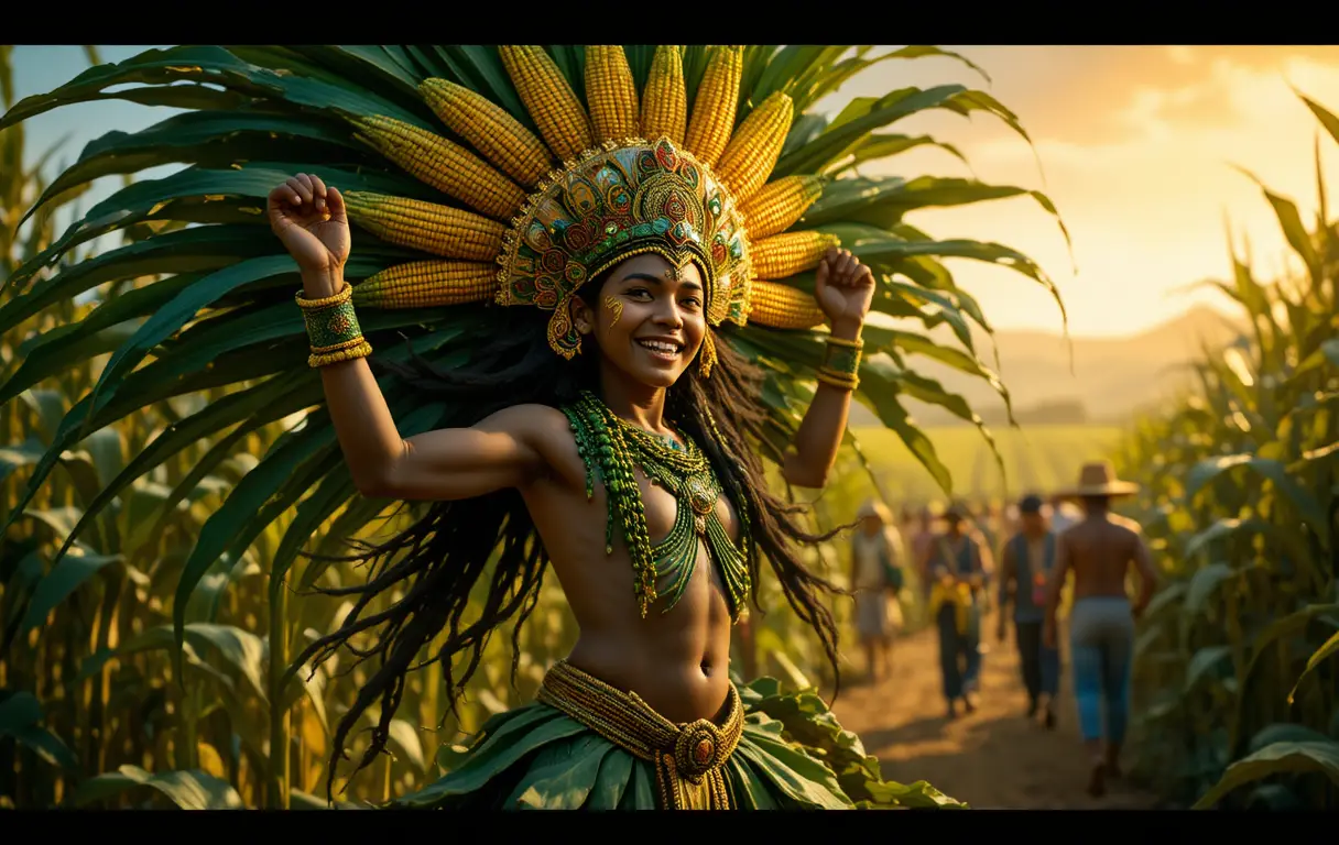 Joyful maize god dancing in glowing golden corn fields