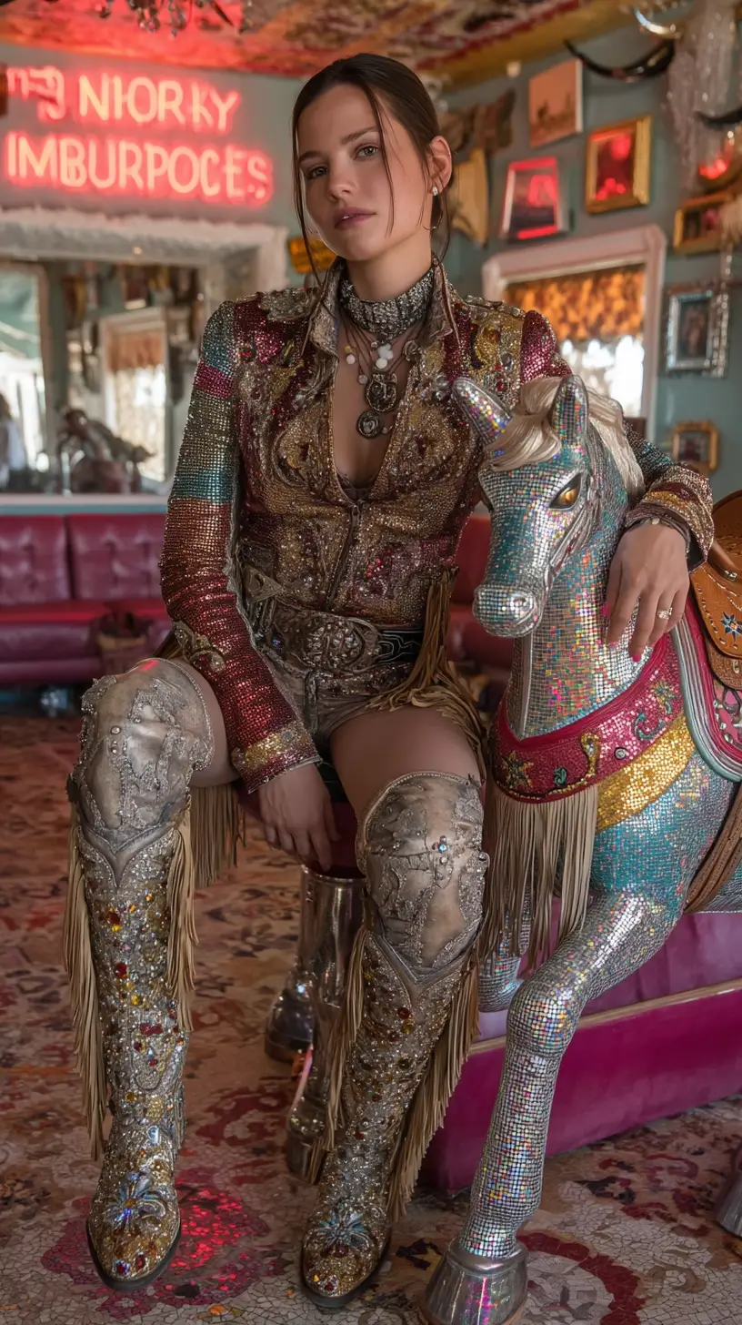 Reine cowgirl disco posant à côté d’un taureau mécanique