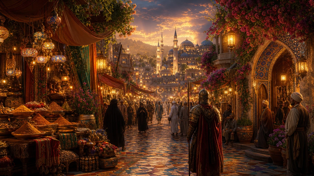 Golden fantasy bazaar on a bustling Arabian street