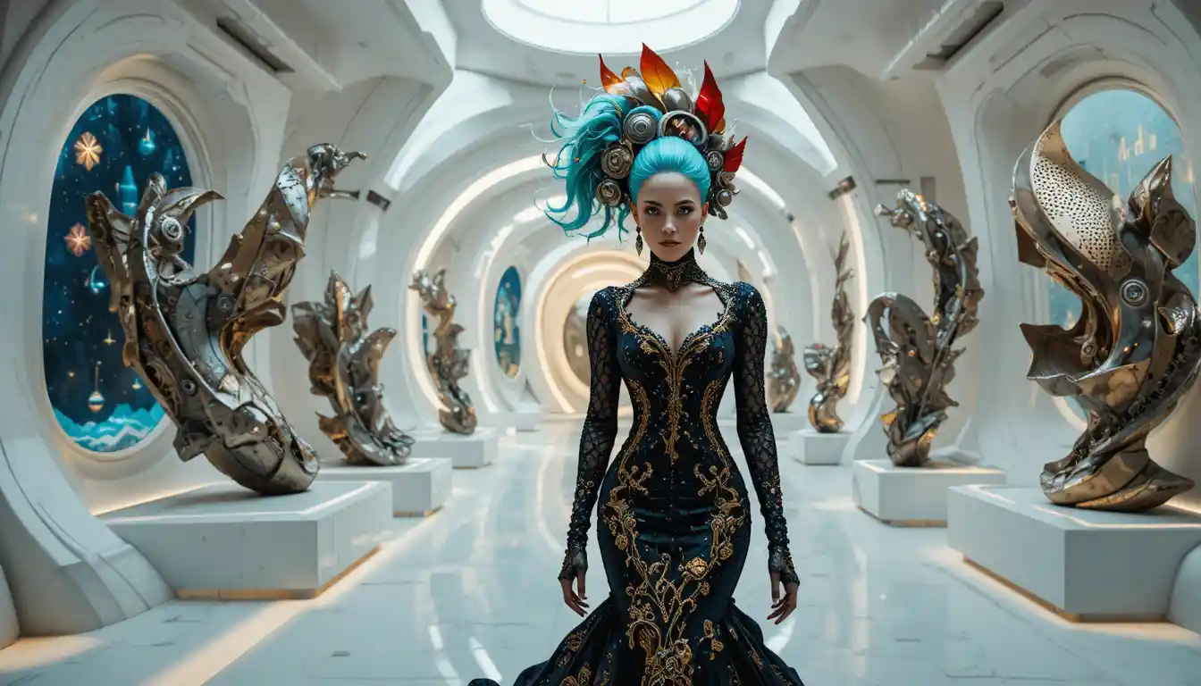 Gothic fantasy couple in futuristic glowing art gallery
