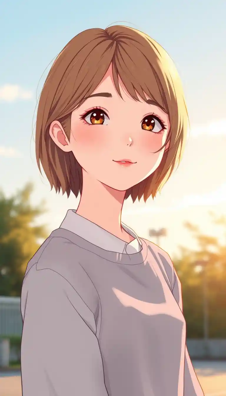 Serene manhwa girl in a preppy vintage outfit outdoors