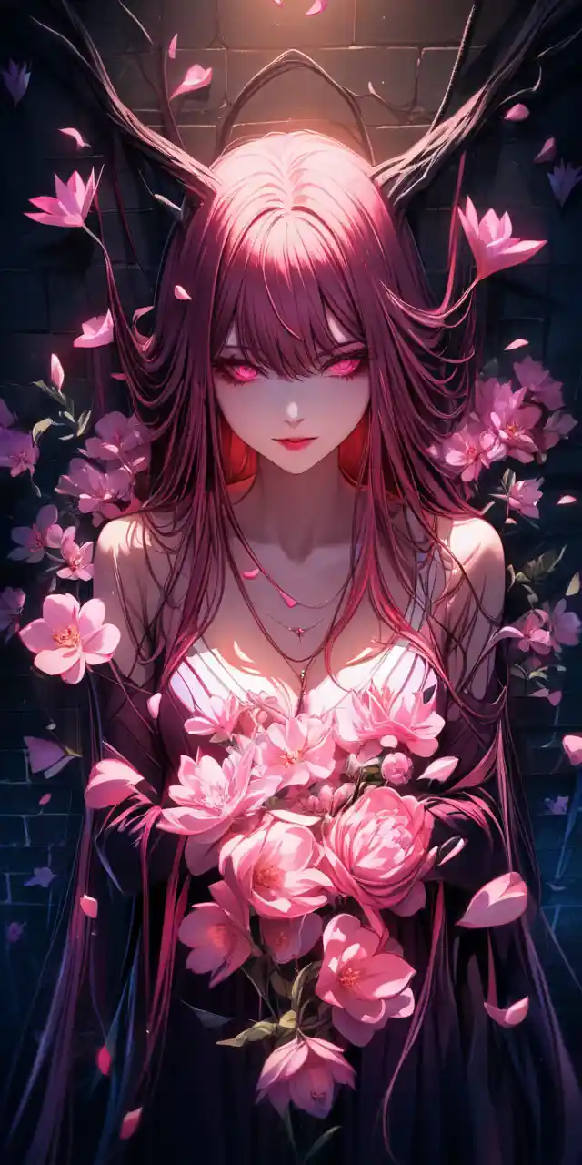 Demon woman leaning in a moonlit alley with drifting petals