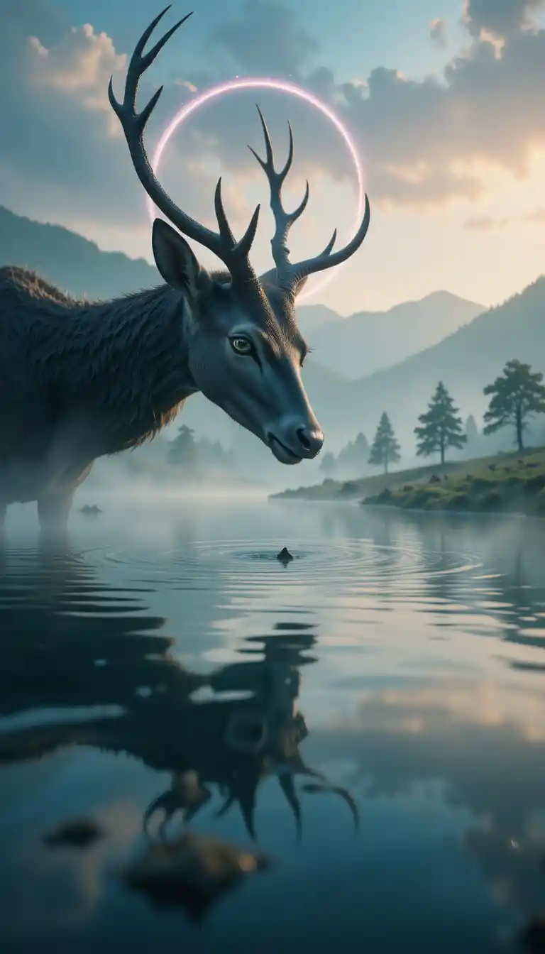 Mystical Deer With Emerald Eye By A Reflective Forest Pool