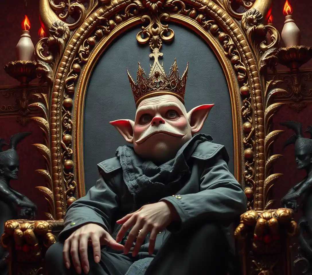 Personaggio fantasy pop-surrealista su un trono surreale