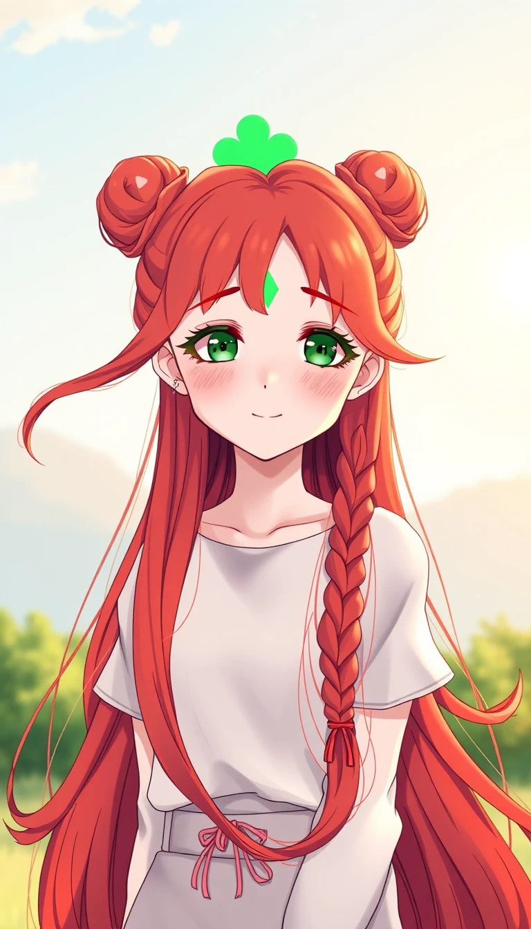Cheerful red haired anime girl under soft dawn sky