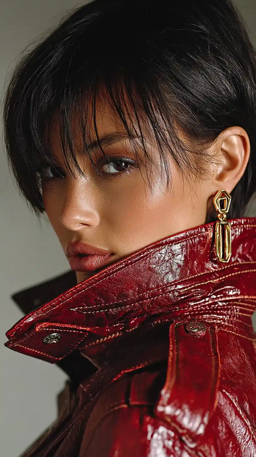 Woman in maroon leather jacket turned away in close profile
