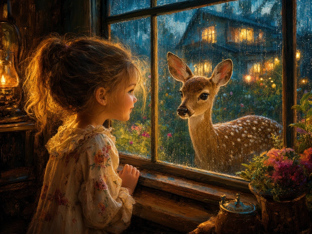 雨の窓辺で優しい子ジカを見つめる可愛い女の子