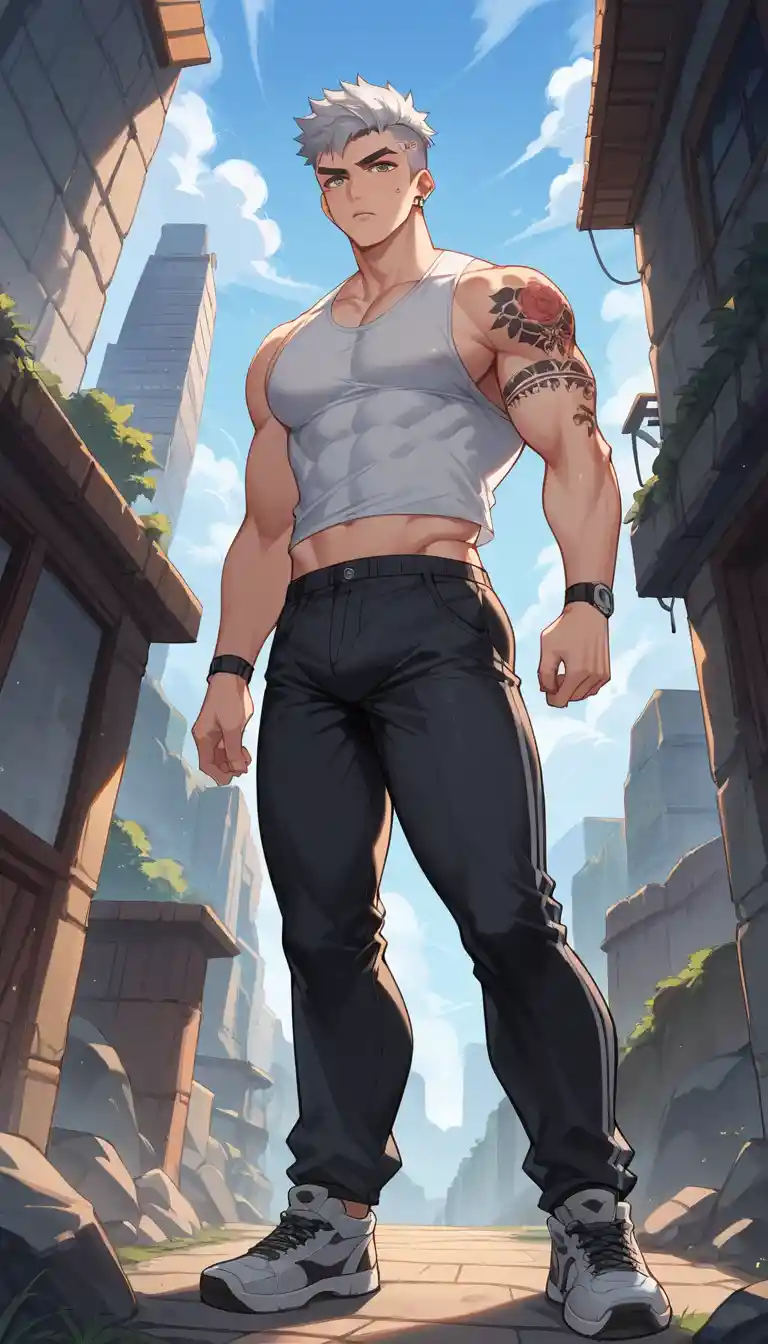 Muscular silver haired man in rocky outdoor streetwear scene