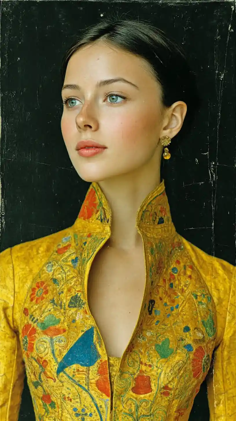 Elegant woman in gold couture dress portrait
