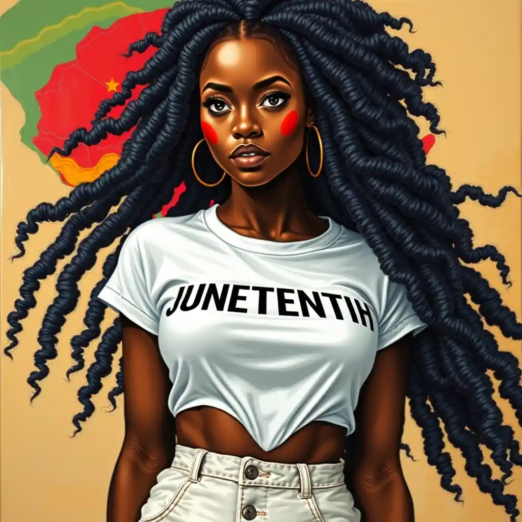 African American woman in Juneteenth shirt oil painting