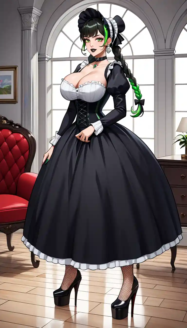 Korean woman in gothic victorian dress on red couch