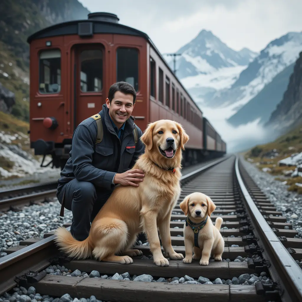 高山列車司機與黃金獵犬在阿爾卑斯鐵道上