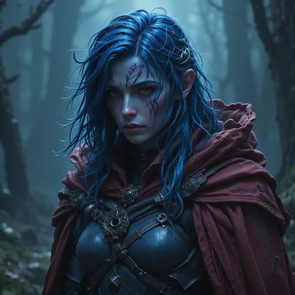 Arcane hunter in dark blue armor with crimson cloak