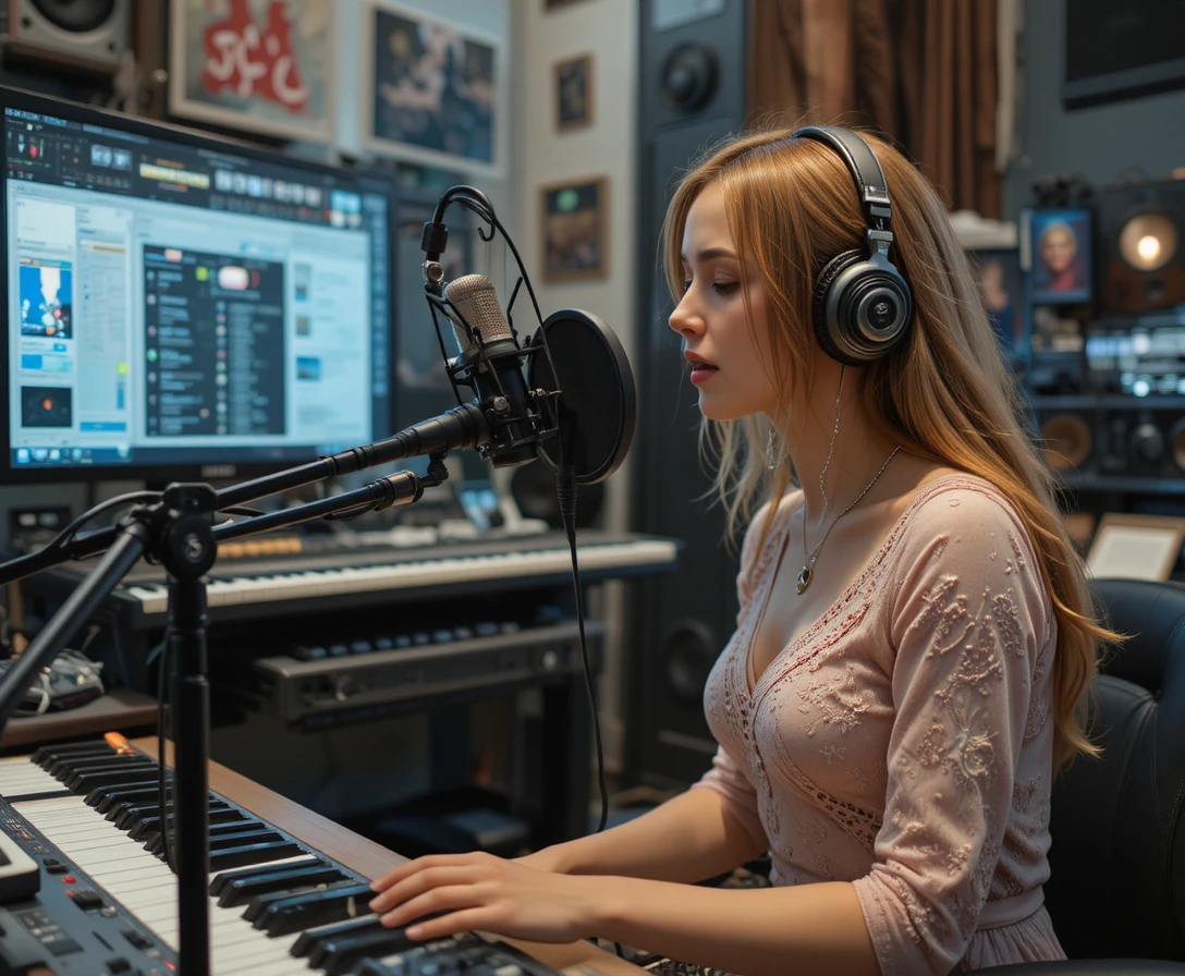 Man composing a rock ballad in a compact recording studio