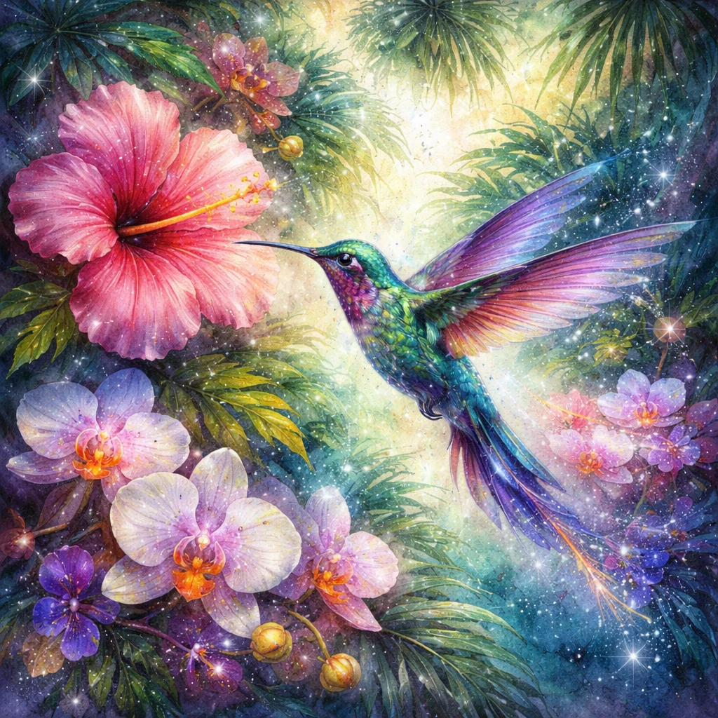 Luminous hummingbird in a lush jungle with tropical flowers