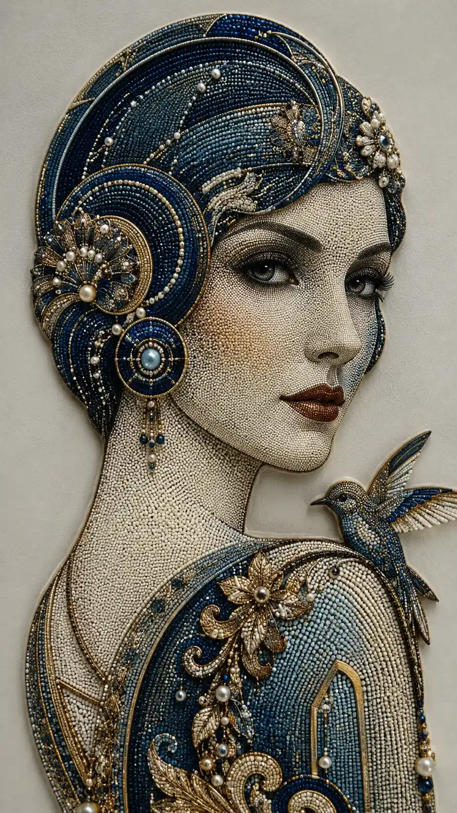 Pointillist portrait of a mysterious woman in art deco style