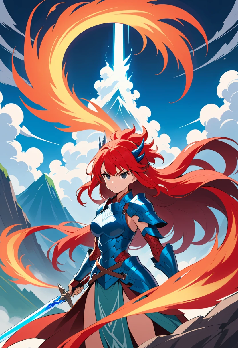 Fiery haired anime warrior on a windswept mountain peak