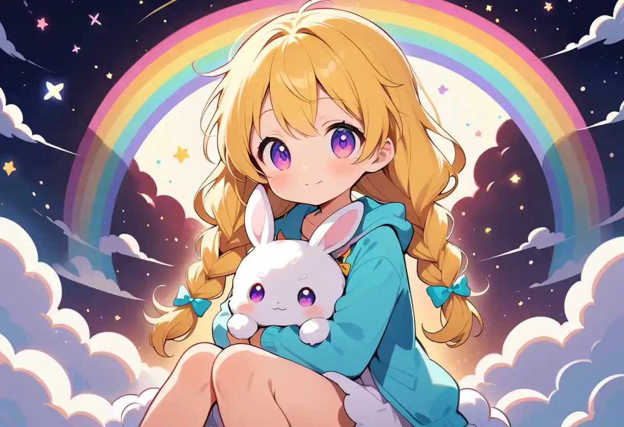 Cute anime girl on clouds hugging a white rabbit