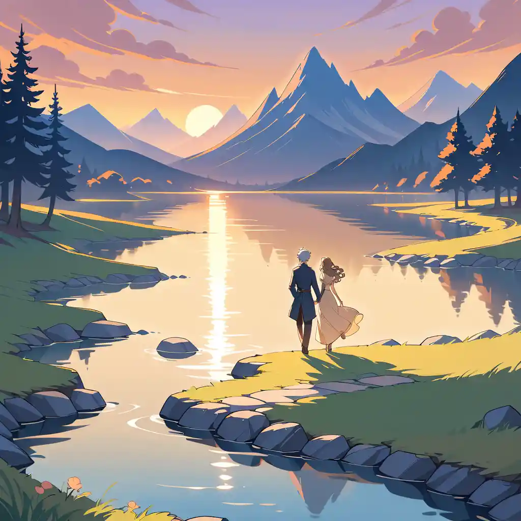 Anime couple walking hand in hand by a tranquil lake