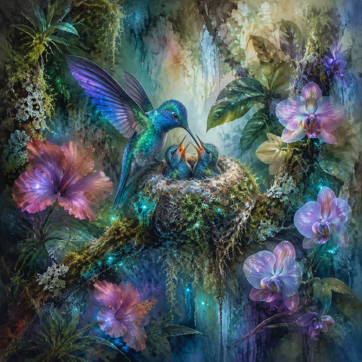 Colibri lumineux nourrissant ses oisillons dans un nid luxuriant de jungle
