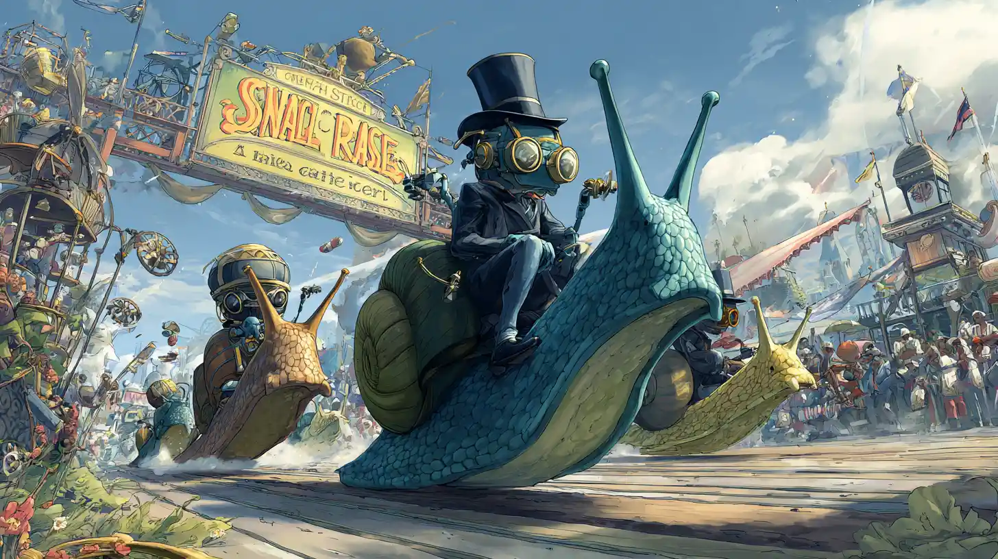 Colorful steampunk snail race with cricket riders and crowd
