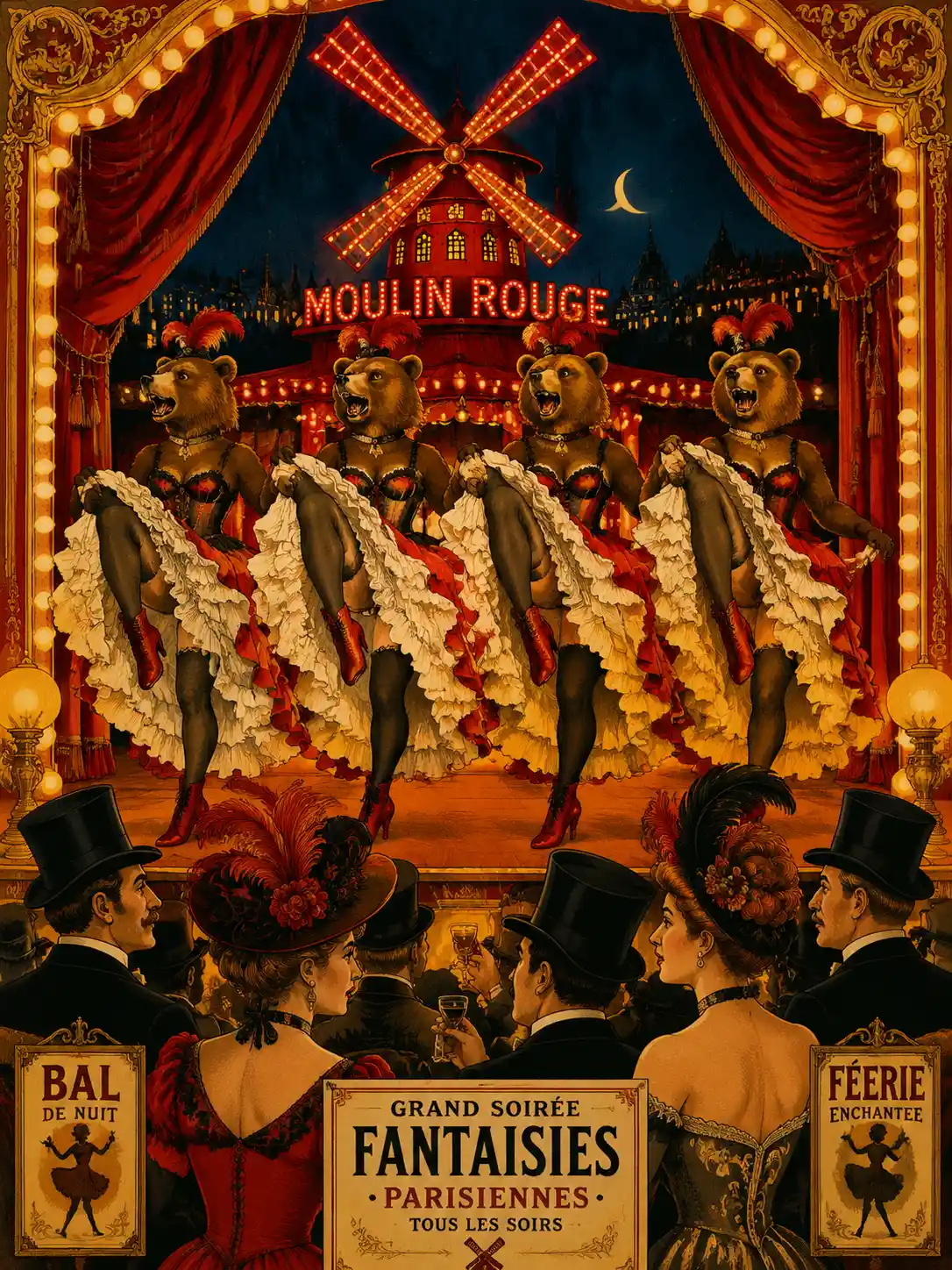 Elegant bears dancing cancan on a Parisian cabaret stage