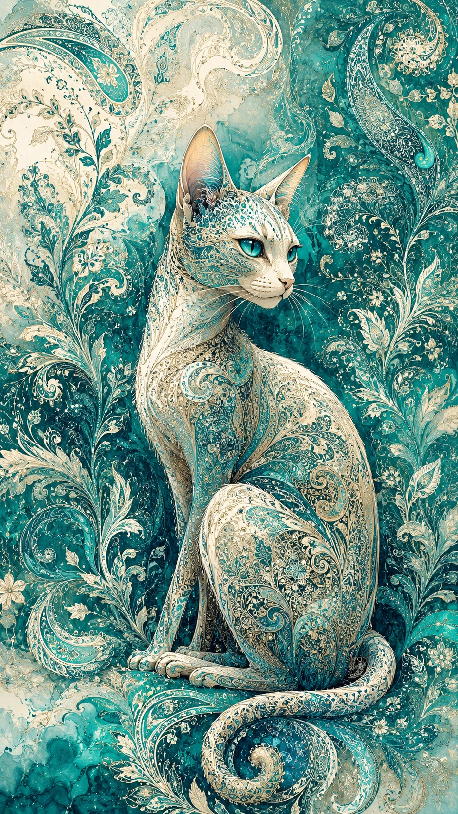 Thin stylized cat in paisley fractal botanical background