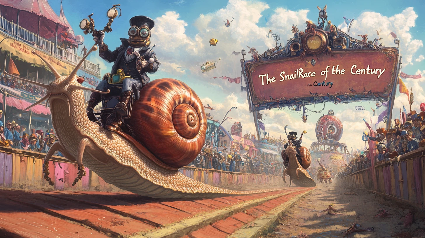 Colorful steampunk snail race with cricket riders and crowd