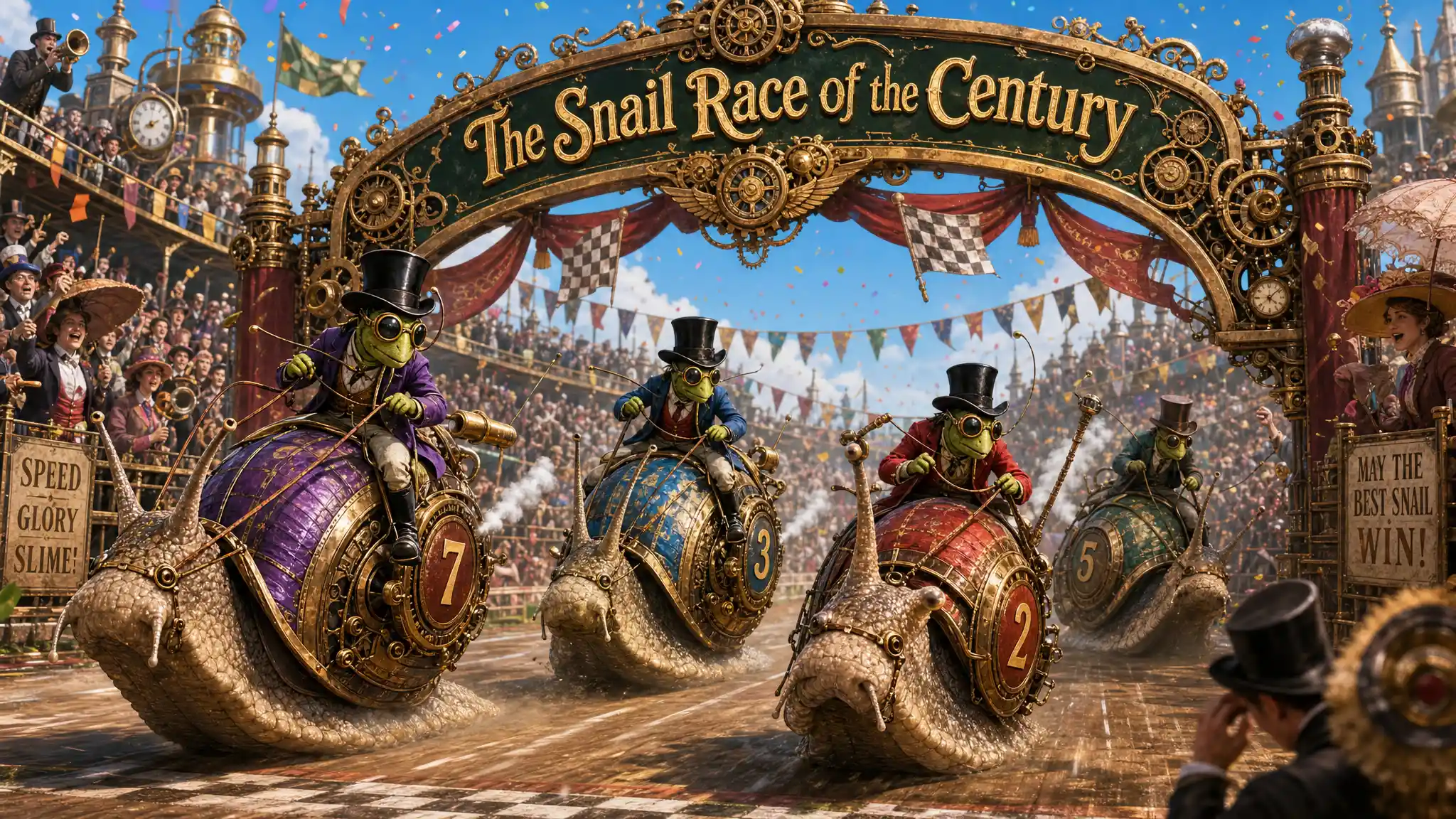 Colorful steampunk snail race with cricket riders and crowd