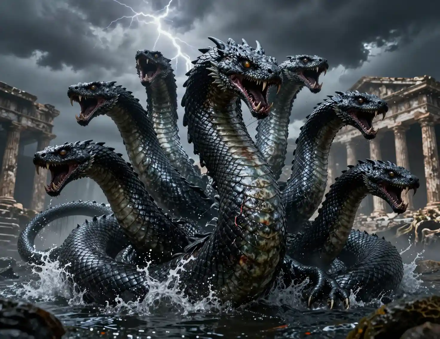 Mythical hydra rising from a stormy swamp at night