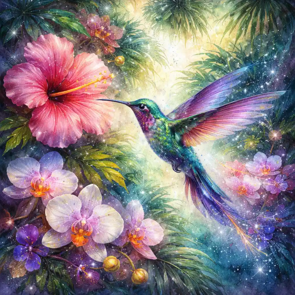 Luminous hummingbird in a lush jungle with tropical flowers