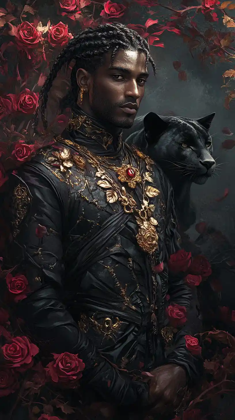 Regal dark guardian amid roses in gothic fantasy