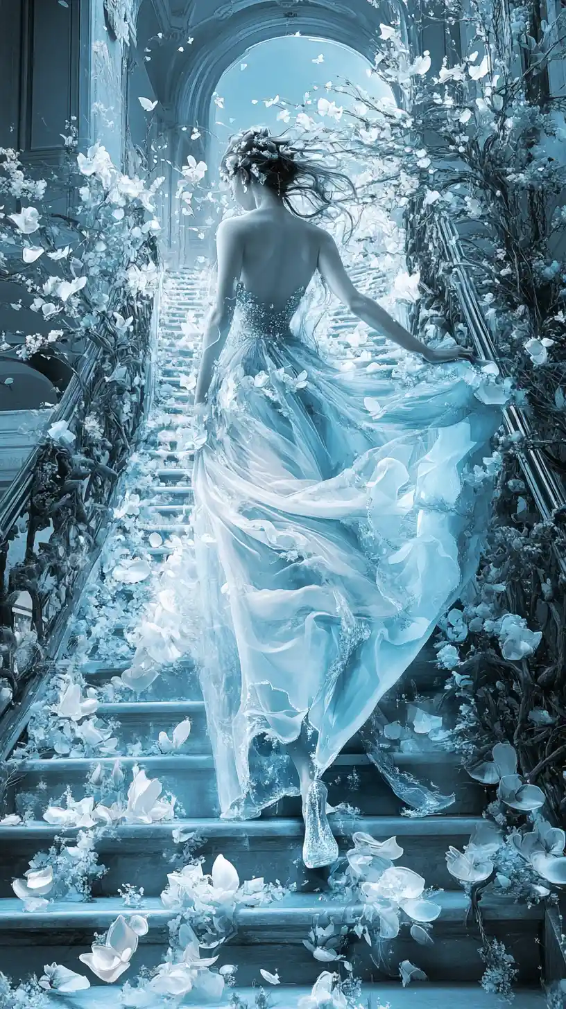 Elegant woman on surreal floral staircase in cinematic light