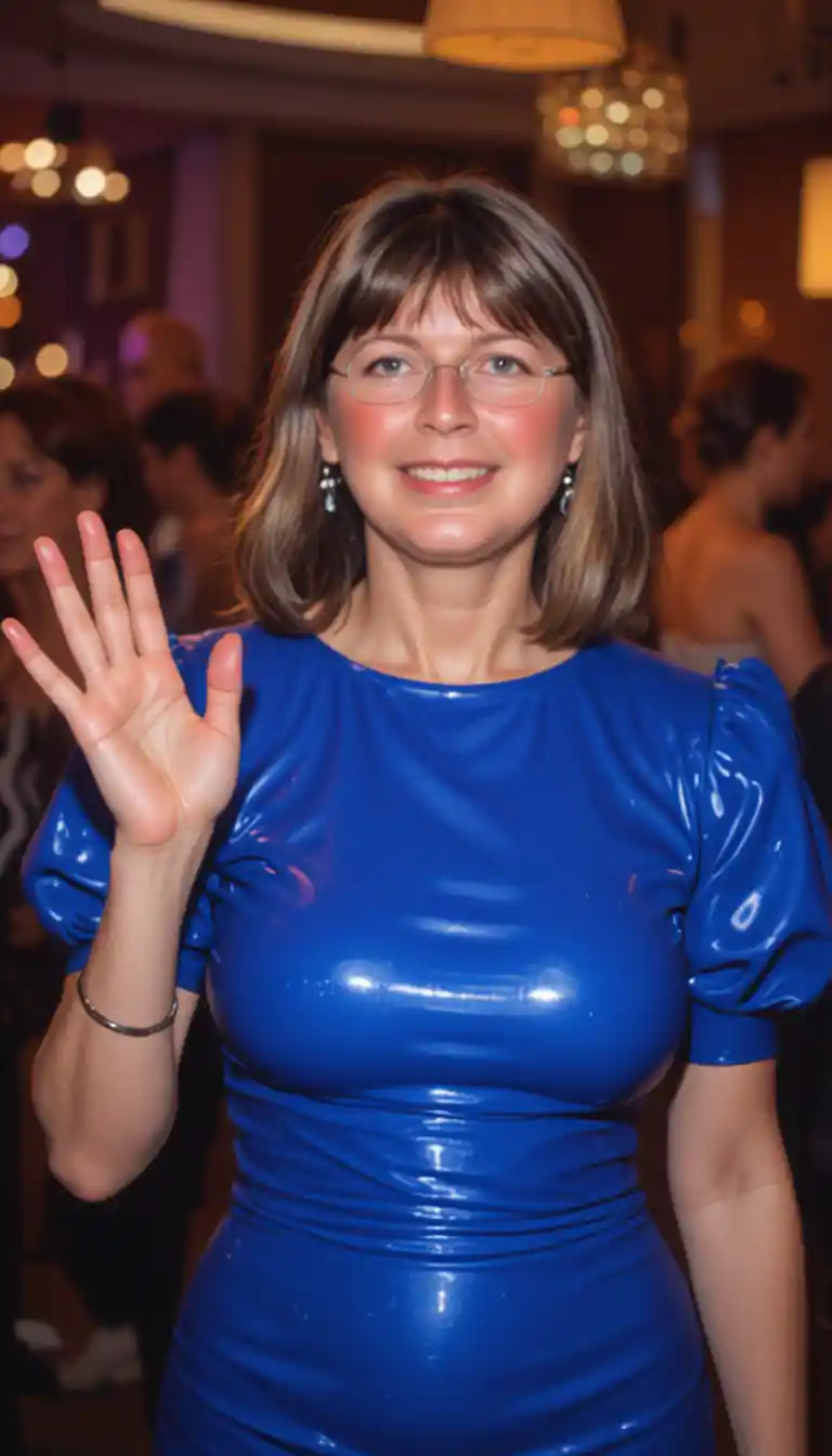 Smiling older woman in royal blue dress at party