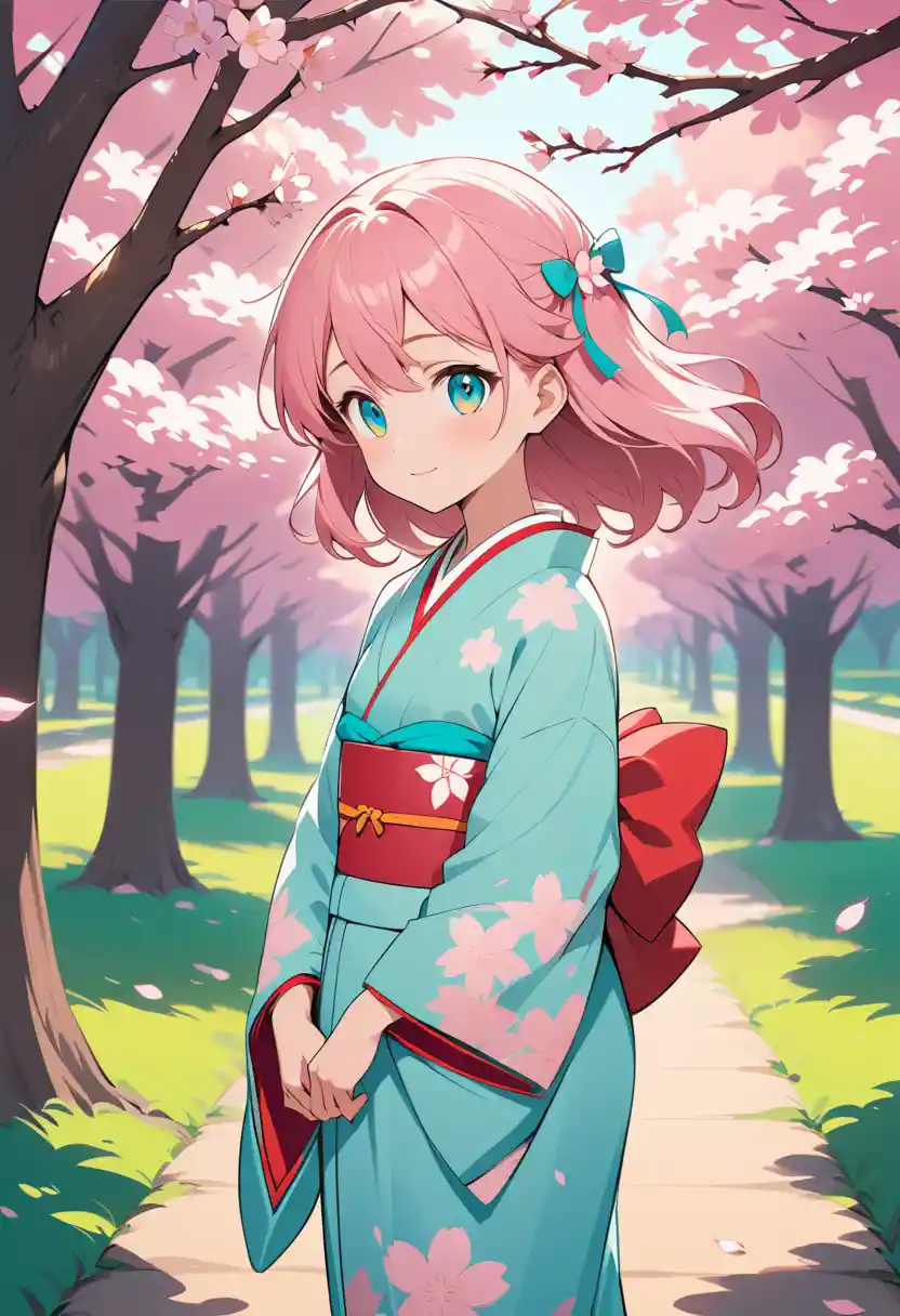 Anime girl in kimono under falling cherry blossoms